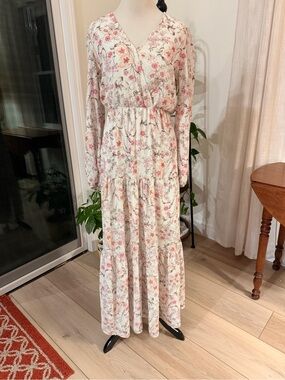 Peach Love California Cream Maxi Dress with Pink Floral Print